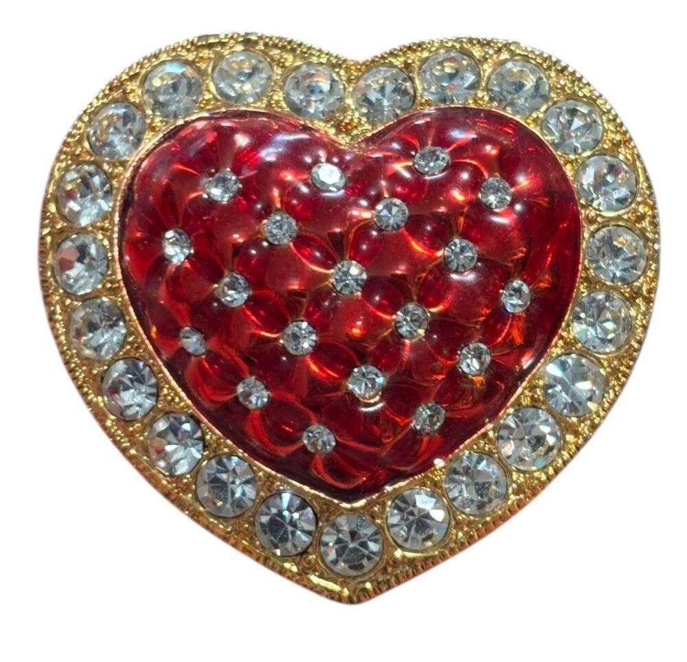 Vintage Red Heart Rhinestone Brooch Gold Tone Cabochon Statement Pin Valentine